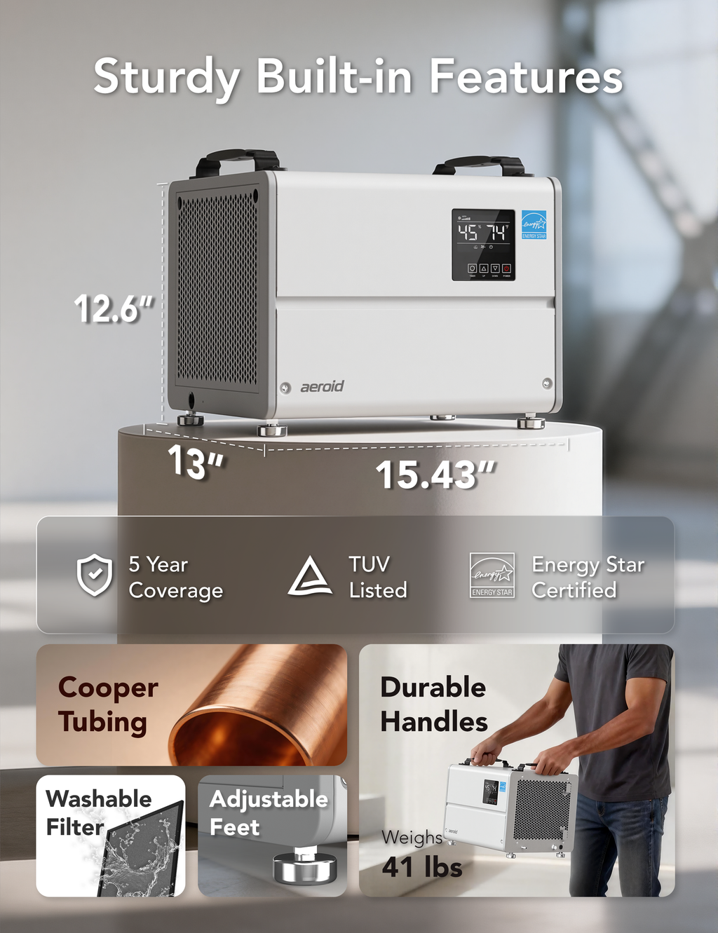 Aeroid 70 Pints Crawl Space Dehumidifier with Built-in Pump and Drain Hose, Energy Star Certified